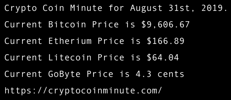 Crypto Coin Minute for August 31st, 2019. - Crypto Coin Minute